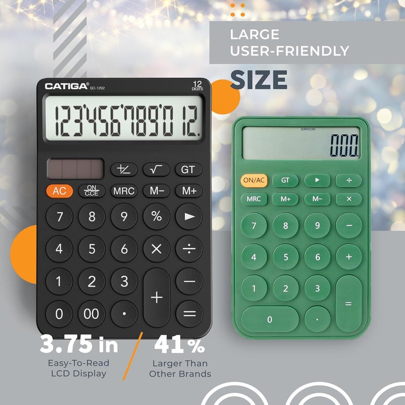 CATIGA 12 Digit Desktop Calculator with Large LCD Display, 4 Funtions Calculator, Round Design Big Button, Solar and Battery Dual Power, Standard Function for Office, Home, School, SD-1292 - Image 3